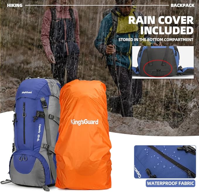 King'sGuard 70L Hiking Backpack with Rain Cover Lightweight Waterproof Travel Camping Backpack Large Backpacking Pack
