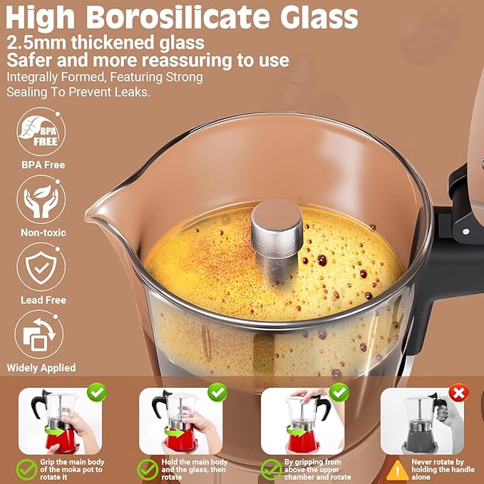 Induction Moka Pot, 9 Cups (15.9 oz) Crystal Glass-Top & Stainless Steel Moka Pot, Classic Stovetop Espresso Maker, Red