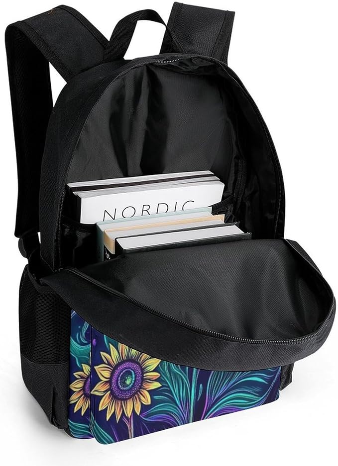 Men Women Polyester Trippy Eyes Flower Sunflower Daypack Big Capacity Shoulder Bag With Smooth Zippers for Hiking Work Walking Cycling