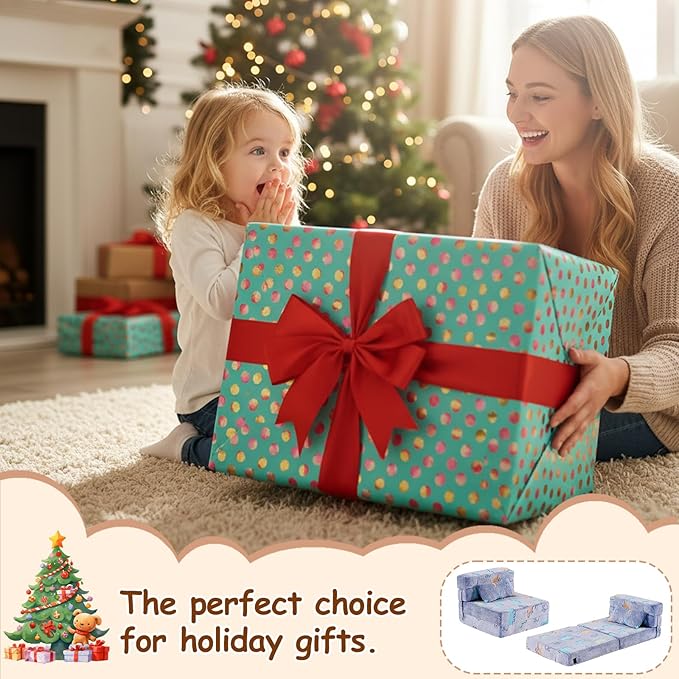 Folding Sofa Bed Floor Mattress for Kids with Pillow Toddler Glow in Dark Washable Mat for Sleeping, Child Fold Up Dinosaur Chair Bed with Storage Bag for Playroom, Camping, Girls Boys, Blue
