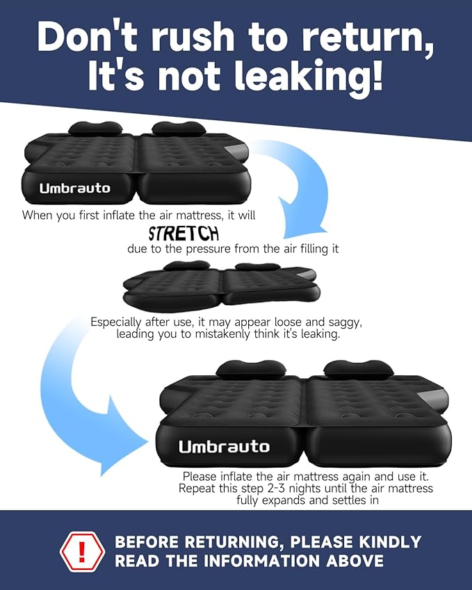 Umbrauto Heavy-Duty SUV Air Mattress w/Quick-Inflate Car Pump| Durable 2-Chamber Inflatable Van Sleeping Bed for Camping & Travel, Leakproof PVC, Flocked Top