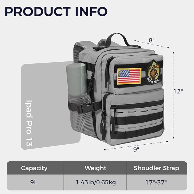 9L Mini Tactical Backpack for Men Women,Small Military Tactical Backpack for Sport,Gym,Hiking,Travel,Camping (Gray)