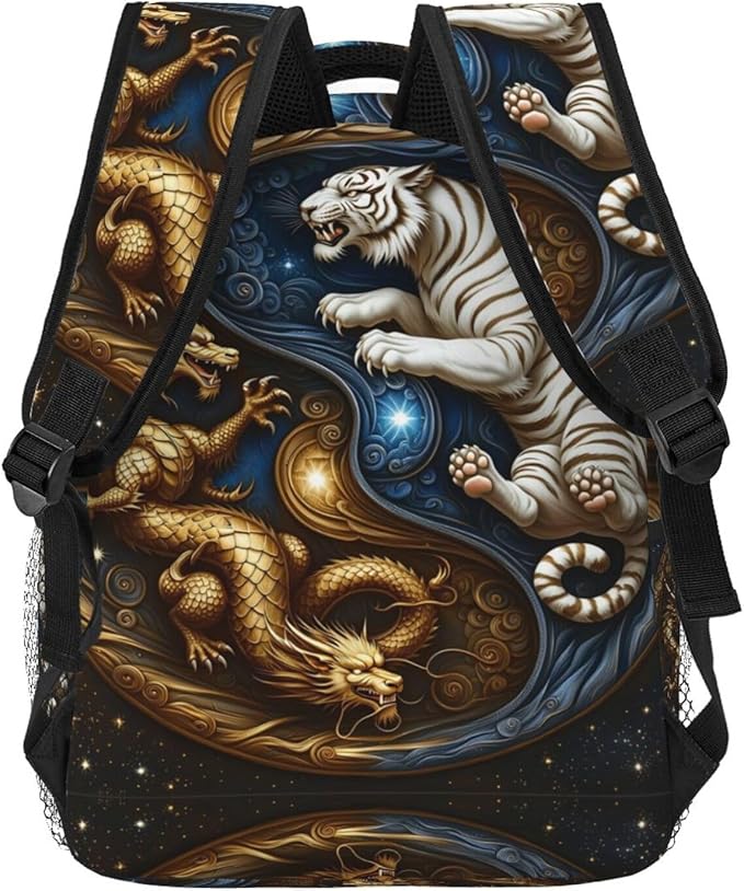 Men Women Polyester Yin Yang Gold Dragon White Tiger Art Backpack Large Capacity Bookbag With Smooth Zippers for Climbing Picnic Bicycle