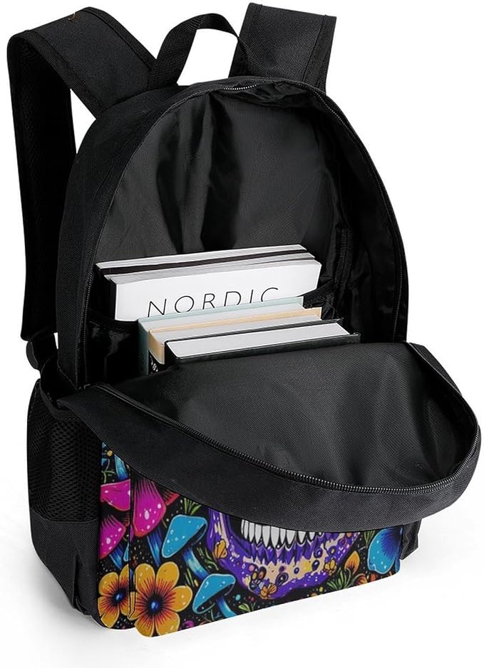 Men Women Lightweight Trippy Skull Head Mushroom Art Casual Daypack Big Capacity Bookbag With Padded Straps for Gym Travel Walking Cycling
