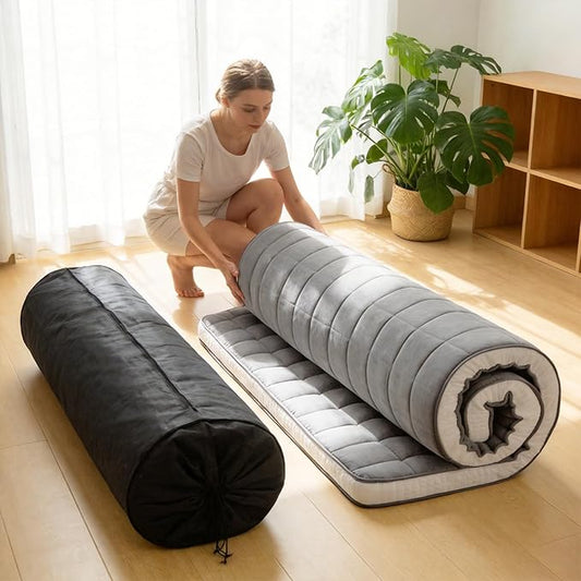Tiita Japanese Floor Mattress Futon Mattress 4” Thick Folding Roll Up Sleeping Pad with Bag & Strap, Bed Topper Mat for Guest, Lounger and Travel, Grey,Full Size