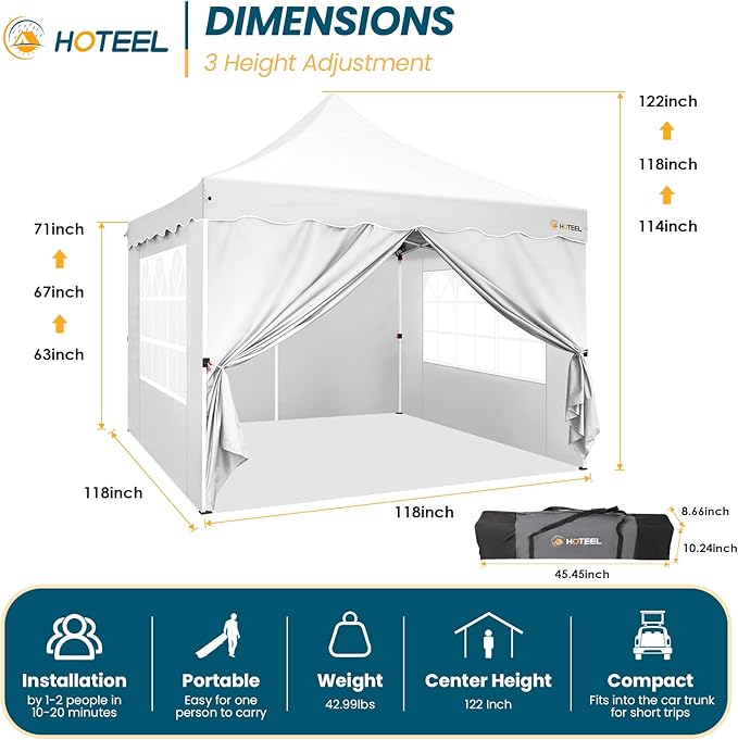 HOTEEL 10x10 Pop Up Canopy Tent with 4 Removable Sidewalls, Sandbags, Stakes & Ropes, UPF 50+ Easy Setup Event Tent Waterproof Outdoor Instant Portable Shelter for Party, Backyard, Vendor, White