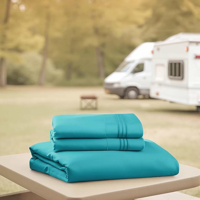 Hearth & Harbor Short Queen Sheets for RV, Teal RV Queen Sheets, Silky Soft 1800 Microfiber Bed Sheet for Camper, 4 Piece RV Bedding with Pillowcases