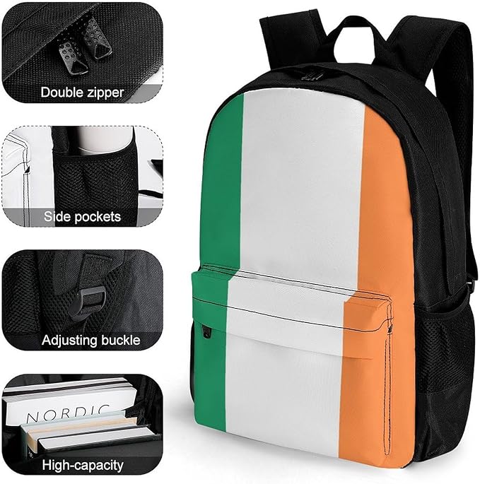 Rucksack Multipurpose Anti-Theft Big Capacity Shoulder Bag, Ireland Flag Travel Hiking Camping Rucksack With Side Pockets