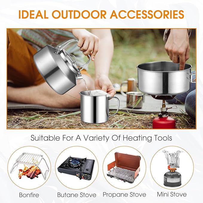 15 Pcs Camping Cookware Mess Kit Outdoor Cooking Set Stainless Steel with Pot and Pan Kit 2 Set Stainless Steel Cups Plates Forks Knives Spoons for Camping Backpacking Cooking Picnic