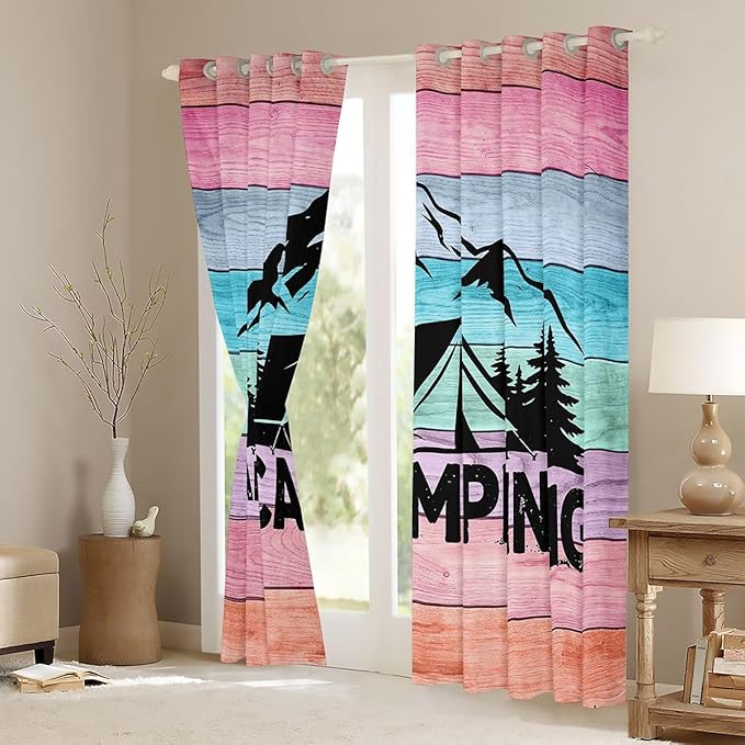 jejeloiu Happy Camping Curtains for Bedroom Living Room Camper Blackout Shades RV Camping Room Darkening Curtain Wild Animal Window Treatments, 2 Panels 52 x 84 Inch Decor