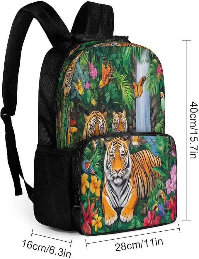 Women Men Polyester Tropical Jungle Parrot Birds Tiger Art Casual Daypack Large Capacity Bookbag With Side Pockets for Sports Picnic Walking Cycling