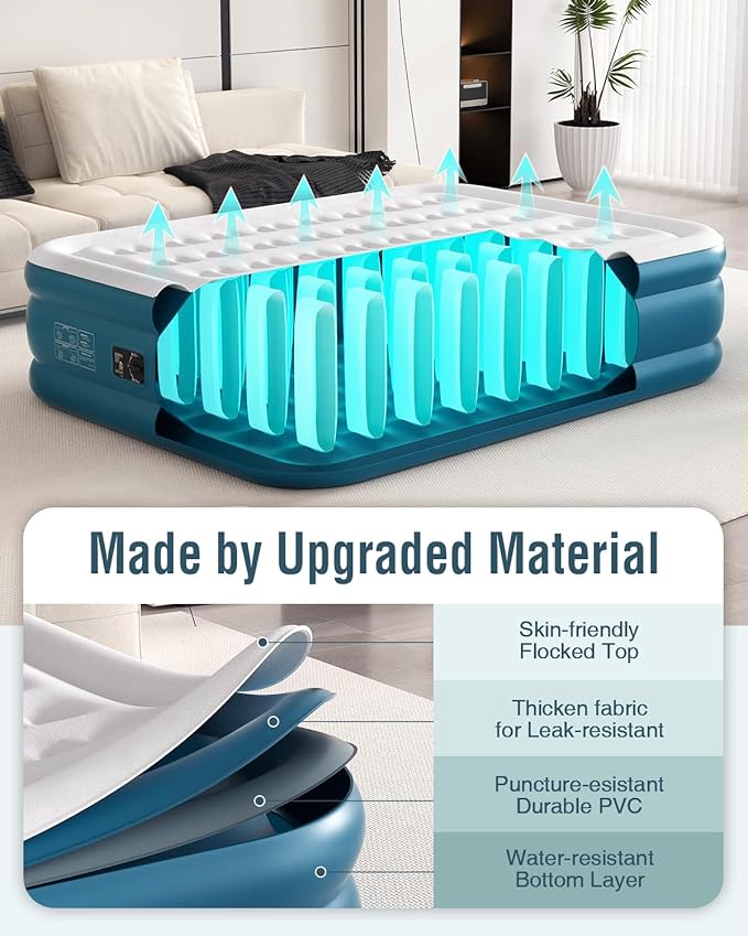 Air Mattress 18", Queen Air Mattress with Built in Pump, Inflatable Mattress with Soft Flocked Top and Portable Carry Bag Adjustable Blow Up Mattress for Guest, Indoor, Travel (Green)