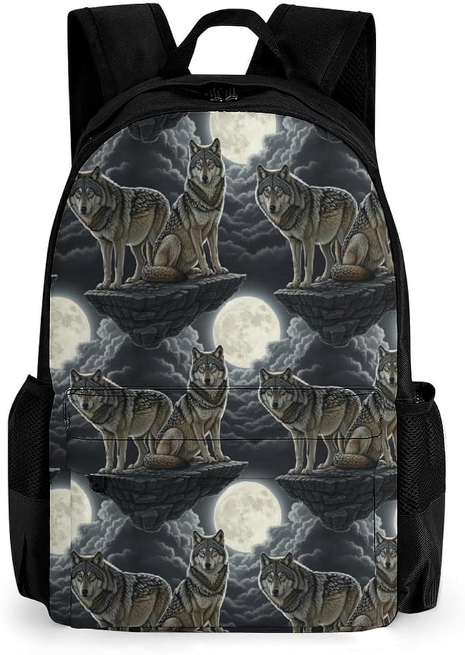 Sturdy Multipurpose Dual Shoulder Bag for Gym and Outdoor Activities, Full Moon Wolf, Travel Hiking Daypack