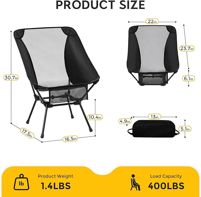 Aluminum Camping Chair with Storage Bag, 400lb Capacity, Roomier & Compact Folding Chairs for Adults, Lightweight & Portable for Backpacking, Camping, Fishing, Hiking