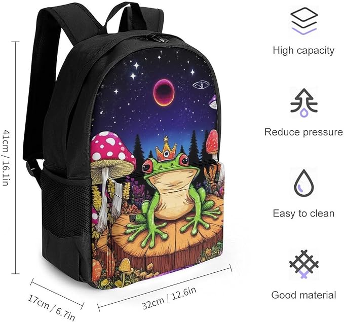 Supdreamc Rucksack Polyester Anti-Theft Multipurpose Magic Mushrooms Frog Trippy Art Bookbag Big Capacity Travel and Sport Backpack Rucksack With Side Pockets