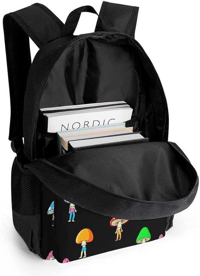 Supdreamc Men Women Polyester Funny Various Mushrooms Gnomes Art Backpack Large Capacity Bookbag With Smooth Zippers for Climbing Picnic Bicycle