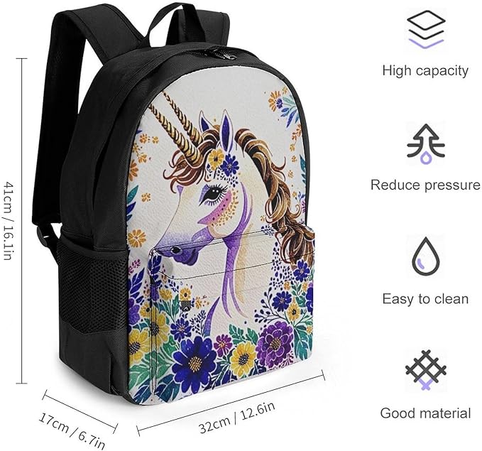 Supdreamc Daypack Anti-Theft Multipurpose Large Capacity Shoulder Bag, Unicorn Purple Flower Travel Hiking Camping Rucksack With Smooth Zippers