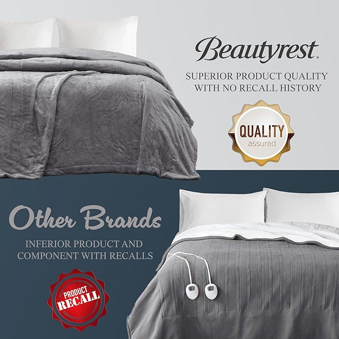 Beautyrest Heated Electric Blanket for Cold Weather, Fast Heating Heated Blanket, Auto Shut Off, Virtually Zero EMF, Multi Heat Setting, UL Certified, Grey Queen (90 inx84 in)