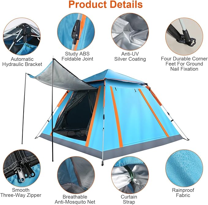 4-6 Person Pop-Up Camping Tent, Portable Instant Setup Family Tent with 2 Windows, for Hiking, Backpacking & Outdoor Adventures, Waterproof & Windproof