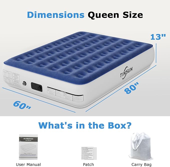 Air Mattress Queen with Built in Pump, Comfortable Blow up Mattress Portable Inflatable Bed for Camping, Inflatable Mattress Guest Bed for Home
