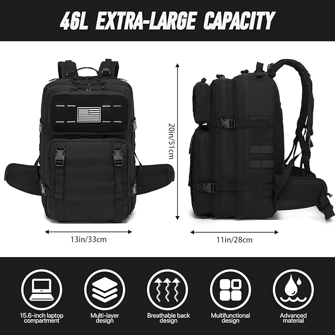 Tactical Backpack for Men, Water Resistant 46L Military Backpack, Large Army 3 Day Assault Pack for Hiking, Camping, Gym with Molle System, Black