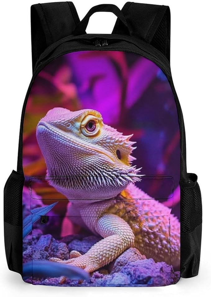 Daypack Backpack Multipurpose Anti-Theft Large Capacity Bookbag, Purple Art Cool Bearded Dragon Lizards Travel Hiking Camping Rucksack With Adjustable Shoulder Straps