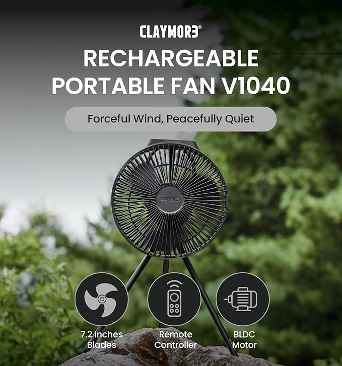 Claymore V1040 Black Rechargeable Portable Fan – 10,400mAh Power Bank Function Remote Control 4-Speed Quiet BLDC Air Circulator USB-C Charging 23 Hrs Runtime for Camping, Indoor, Outdoor