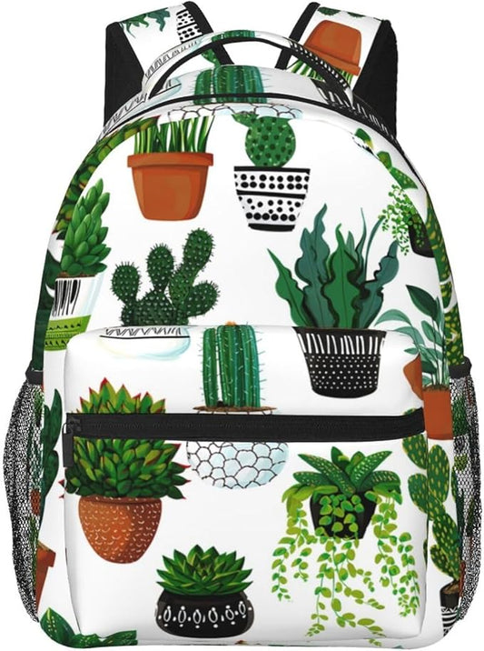 Daypack Backpack Anti-Theft Multipurpose Big Capacity Bookbag, Green Cactus Art Business Computer Bag With Side Pockets