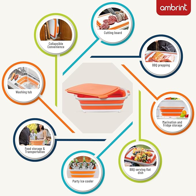 Medium 8L BBQ Prep Tub with Lid & 2 pcs Meat Shredder Claws, Collapsible Cutting Board for Brisket, BBQ Tray for Meal Prep marinating, Versatile Kitchen Container for Meat & Food storage