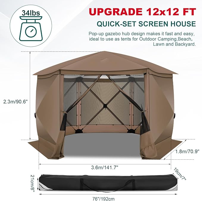 COBIZI 12x12 FT Pop Up Canopy Stargazing Tent, Gazebos On Clearance with Removable Roof, Screened in Gazebo, Screen Tents Portable carpas para Patio for Outdoor Camping,Backyard,Garden,Brown(Pro)