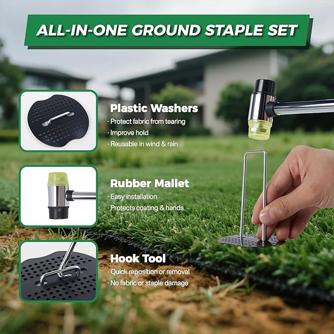 200Pcs Landscape Staples 6 Inch+200Pcs Gasket+Pick Hook+Rubber Mallet, Garden Stakes Staples 11 Gauge U Shaped Galvanized Landscape Pins Yard Ground Pin for Weed Barrier Sod Fabric Decoration