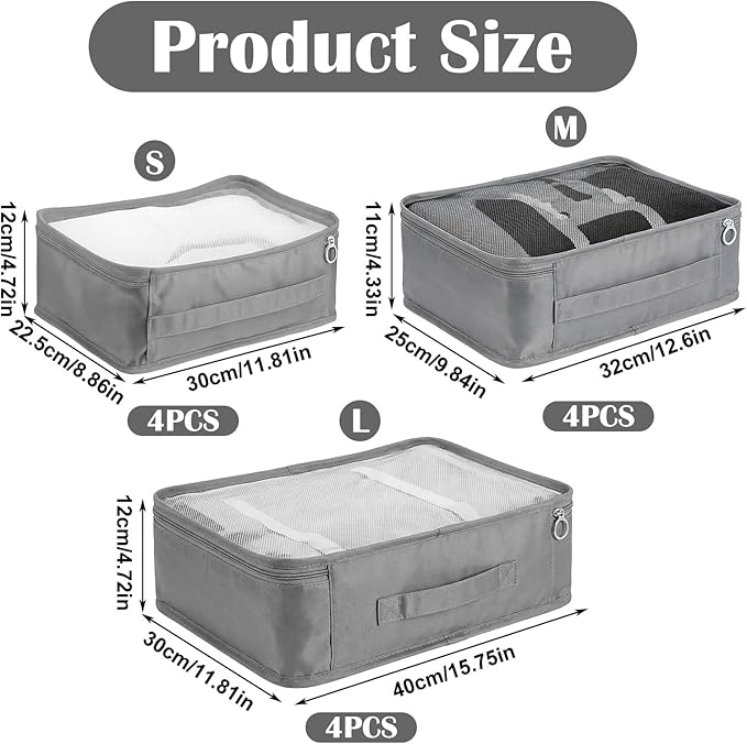 12 Pcs Packing Cubes for Suitcase, 3-Sizes Luggage Packing Organizers for Travel Accessories Hiking Camping Backpacking Clothes(Grey, L, M, S Size)