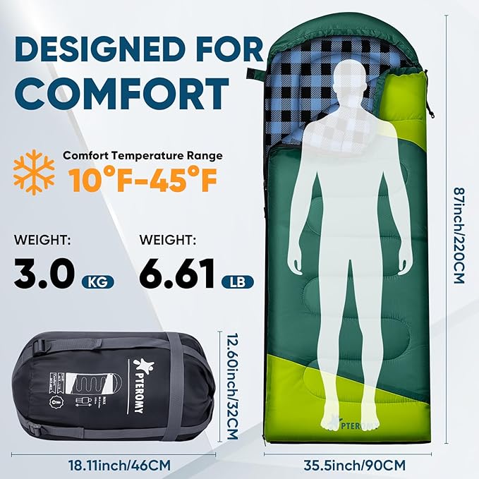 PTEROMY Sleeping Bags for Adults, Lightweight and Machine Washable, Water Resistant Backpacking Camping Sleeping Bag for Warm Cold Weather, Camping Essentials for Hiking Travel