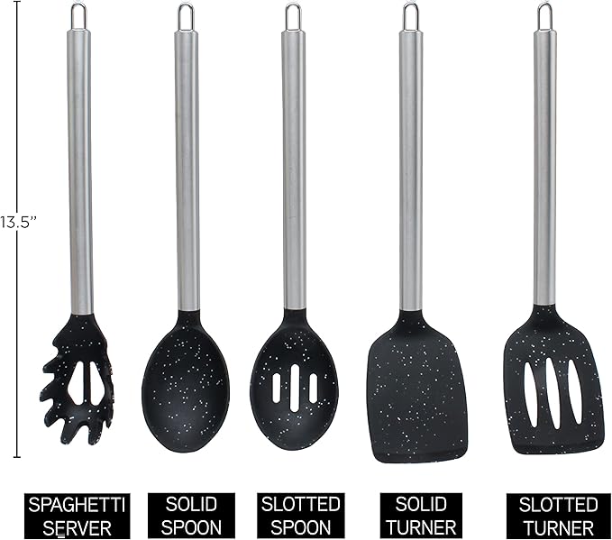 COOK WITH COLOR Silicone Cooking Utensils, Kitchen Utensil Set, Easy to Clean Silicone Kitchen Utensils, Cooking Utensils for Nonstick Cookware, Kitchen Gadgets Set, 5 Pieces, Speckled Black