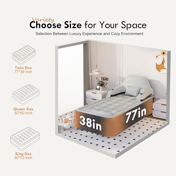 DIMAR GARDEN Twin Size Air Mattress with Headboard and Pump,Blow Up Mattress Inflatable Bed with Pillows