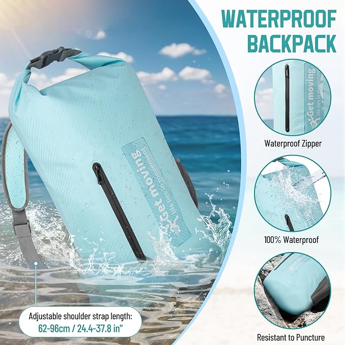 BKNOOU Dry Bag Waterproof for Women Men, 10L/20L Roll Top Lightweight Dry Storage Bag Backpack for Travel, Kayaking, Boating, Rafting, Camping, Hiking and Beach, with Phone Case (Light blue, 20L)