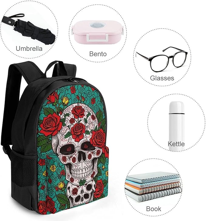 Supdreamc Daypack Bookbag Anti-Theft Multipurpose Large Capacity Bookbag, Sugar Skull Roses Flower Art Travel Hiking Camping Rucksack With Adjustable Shoulder Straps