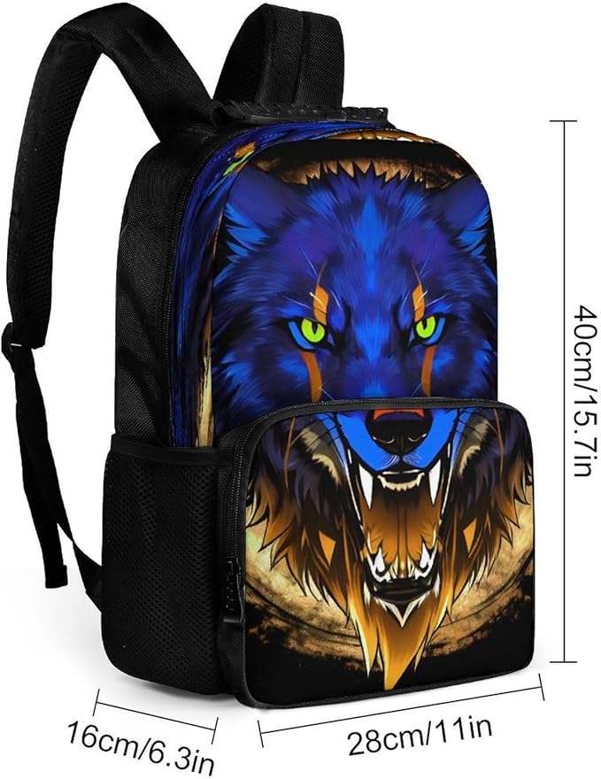 Lightweight Daypack for Camping Business Walking Cycling, Large Capacity Anti-Theft Multipurpose Bookbag, Wolf Head With Fire Art Gym Outdoor Hiking Backpack