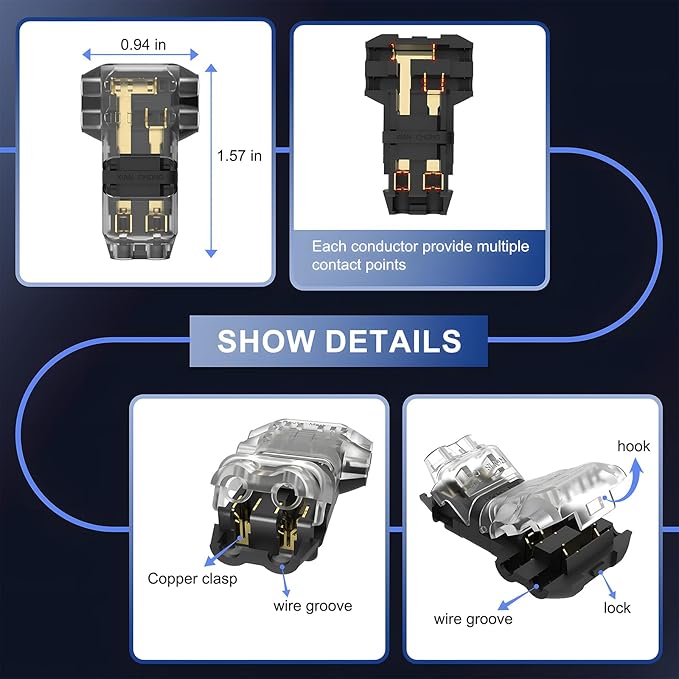 VISDOLLT Tap Wire Splitter Connectors 3 Way 2 Pin Low Voltage Wire Connectors for 16-20 AWG, 10Pcs Solderless No Wire Stripping Quick Wire Splice Connectors