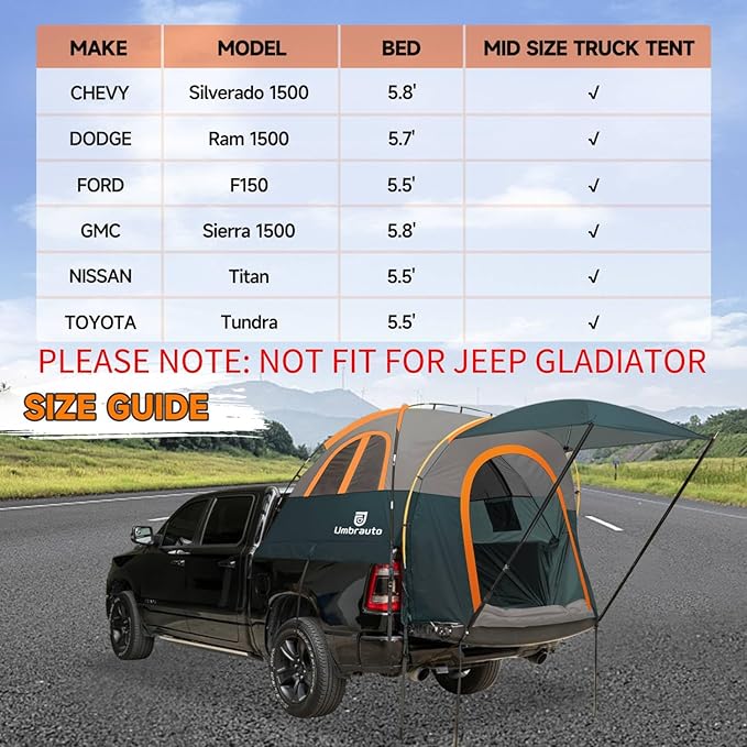 Umbrauto Truck Bed Tent with Awning: 5.5-5.8FT PU3000mm Waterproof Tailgate Pickup Truck Tents, Easy Set-up for 2 Person, Fits Full Size Short Bed, Chevy, Dodge, Ford, GMC, Green