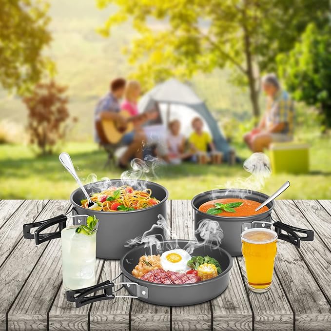 Lixada 10pcs Camping Cookware Mess Kit, Non-Stick Lightweight Stackable Pot Pan Bowls Camping Cooking Set with Storage Bag, Portable Outdoor Cookware Accessories for Backpacking Hiking Picnic