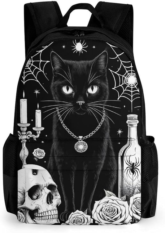 Supdreamc Polyester Daypack Backpack for Climbing Outdoors Running, Big Capacity Multipurpose Anti-Theft Bookbag, Black Cat Rose Skull Goth Travel Hiking Camping Rucksack