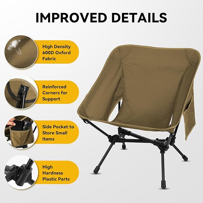 Ultralight Camping Chair, Portable Folding Backpacking Chair, Compact Camping Chair with Carry Bag for Outdoor Camp Hiking Backpack Beach Travel (Khaki)