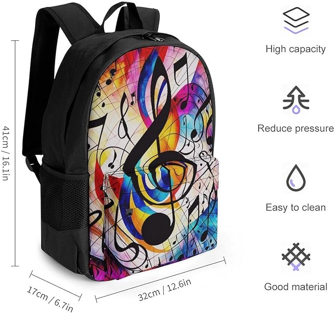 Supdreamc Women Men Polyester Abstract Music Notes Colorful Casual Daypack Large Capacity Bookbag With Side Pockets for Sports Picnic Walking Cycling