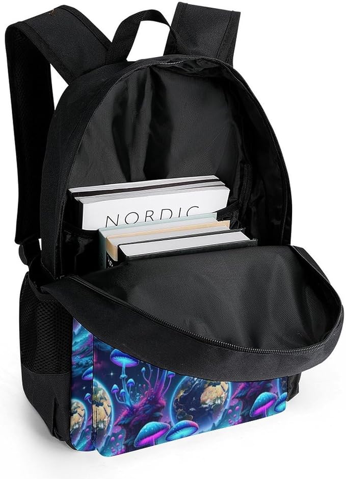 Daypack Anti-Theft Multipurpose Large Capacity Shoulder Bag, Trippy Mushroom Magic World Glowing Art Travel Hiking Camping Rucksack With Smooth Zippers