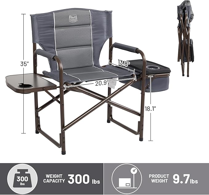 TIMBER RIDGE Lightweight Camping Chair, Portable Laurel Director's Chair with Foldable Side Table, Cooler Bag & Mesh Pocket, Compact Outdoor Folding Lawn Chair, Supports 300lbs, Grey