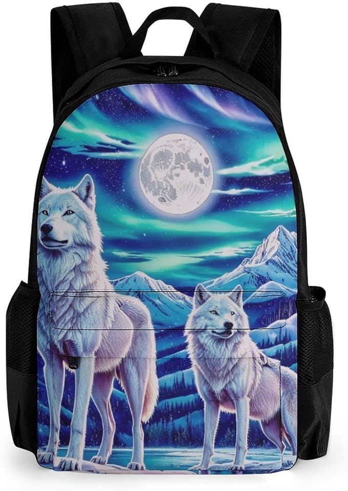 Supdreamc Rucksack Anti-Theft Multipurpose Big Capacity Carry On Bag, Wolves Moon Aurora Art Traveling Camping Backpack With Side Pockets