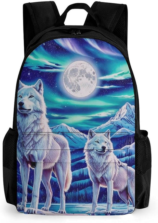 Supdreamc Rucksack Anti-Theft Multipurpose Big Capacity Carry On Bag, Wolves Moon Aurora Art Traveling Camping Backpack With Side Pockets