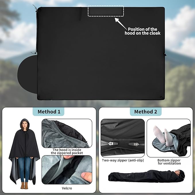 Large Camping Blanket, Hooded Stadium Blanket with Crystal Velvet Lining, Waterproof Windproof Warm Outdoor Blankets for Camping, Picnic, Stadium, Sports, Beach, Concerts (59"x 79")