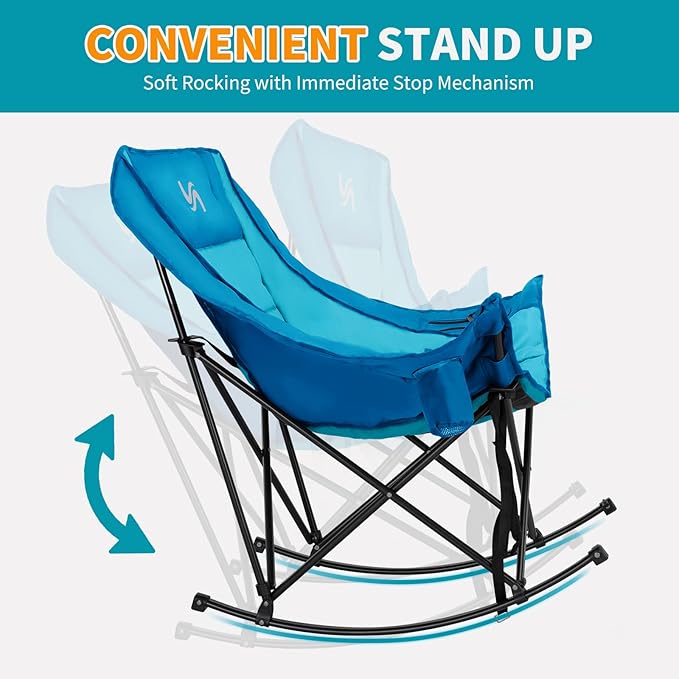 Oversized Rocking Camping Chair for Adults - Padded Recliner Rocker - Folding Lawn Chair with Cooler Bag and Pockets - Portable Rocker Chair Outdoor for Camp Patio Backyard